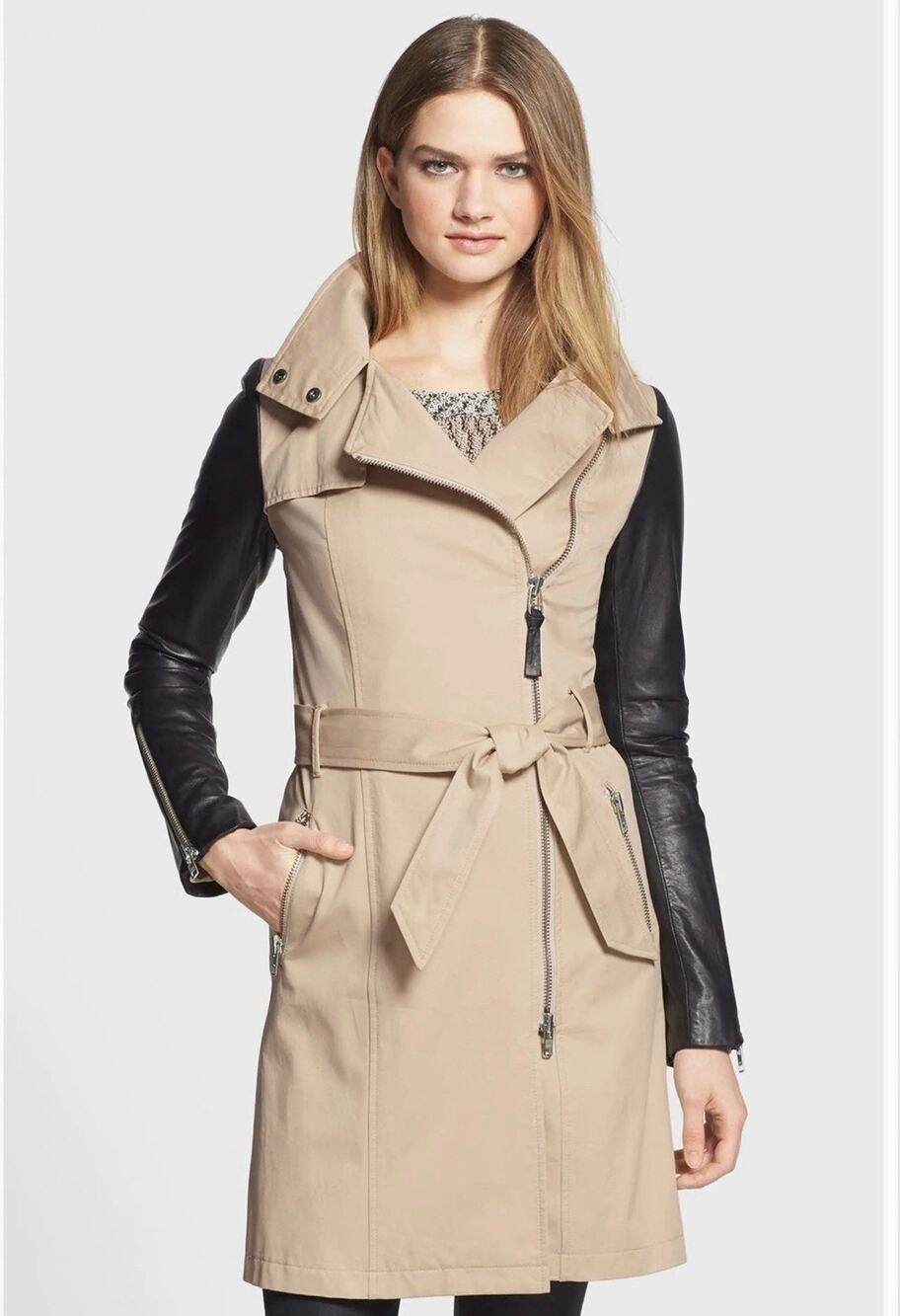 Mackage Womens M Avra Neo Trench Coat Leather Belt Asymmetrical